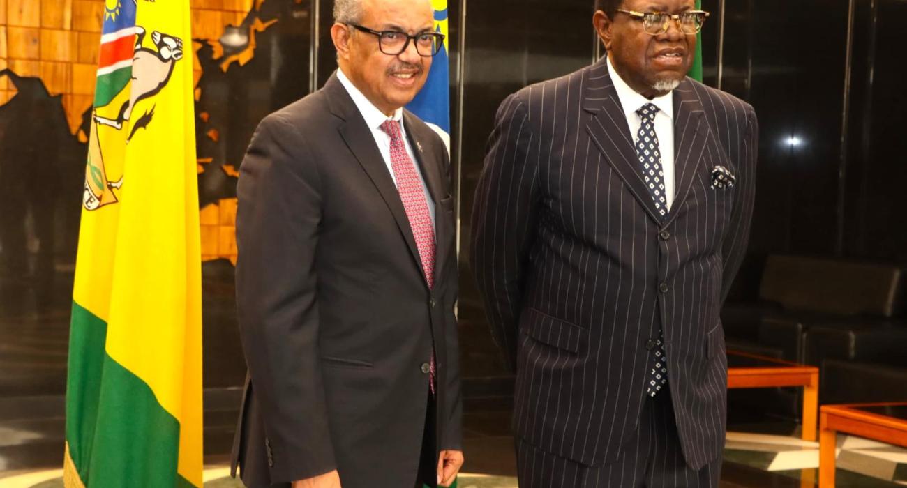 World Health Organization (WHO) Director-General, Dr Tedros Adhanom Ghebreyesus with His Excellency, Dr Hage Geingob, Namibia Head of State,  
