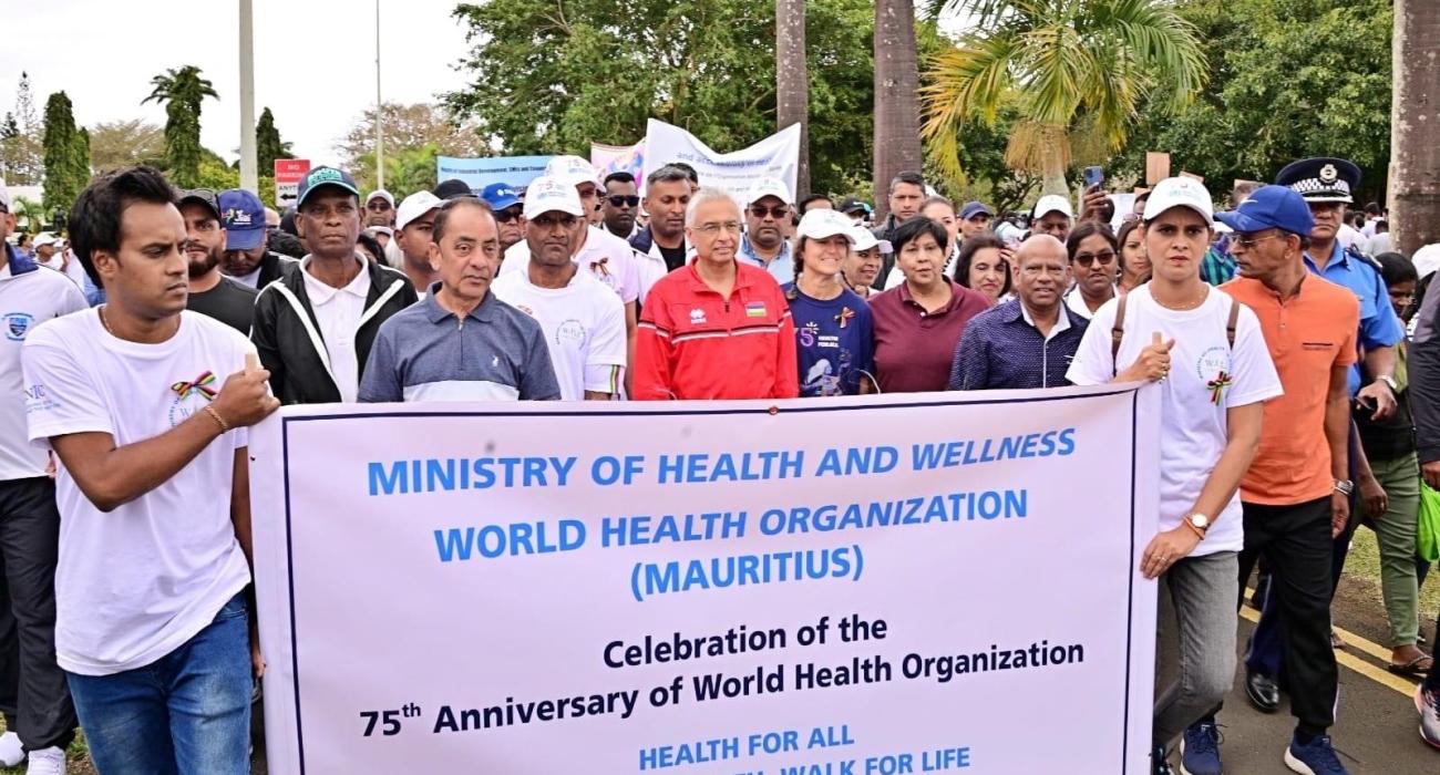 The Prime Minister of the Republic of Mauritius leading the March together with WHO Representative to commemoration of WHO 75th Anniversary- 'Walk for Health - Walk for Life - 14 September 2023, Mauritiushe Prime Minister of the Republic of Mauritius leading the March together with WHO Representative to commemoration of WHO 75th Anniversary- 'Walk for Health - Walk for Life - 14 September 2023, Mauritius