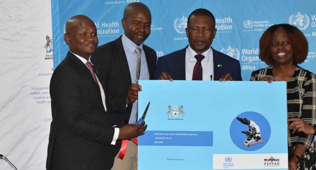 Minister of Health Dr. Edwin Dikoloti, WHO Country Representative Josephine Namboze, Director of Health Laboratory Services Mr. Mpaphi Blasis Mbulawa and Director of Clinical Support Services Dr. Changi Baikai officially launched the National Laboratory Strategic Plan in Palapye. 