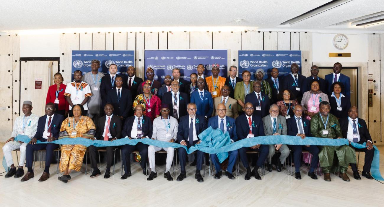 WHO Director-General Dr Tedros Adhanom Ghebreyesus with health ministers from Member States that co-sponsored the resolution establishing 17 November as World Cervical Cancer Elimination Day at the 78th World Health Assembly.