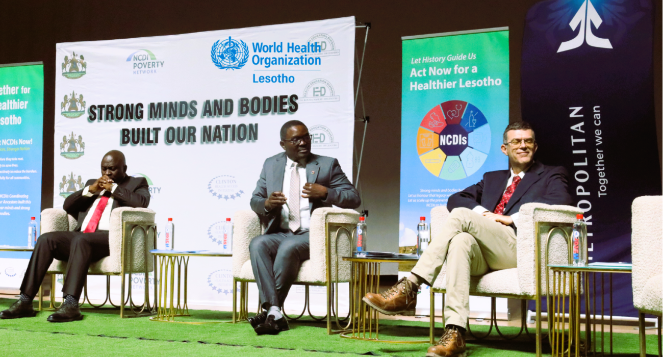 Minister of Health, Selibe Mochoboroane (Left), WHO Representative, Dr. Innocent Nuwagira (Centre) and Associate Director of NCDI Poverty Network, Dr. Colin Pfaff at the launch of the NCDIs multisectoral mechanism