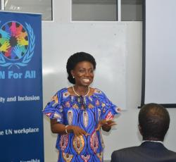 Madam Kiki Gbeho delivering her remarks during the mental health educational session at the UN House