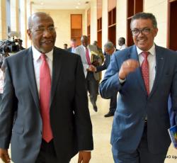 Right Hon Ruhakana Rugunda and Dr Tedros share a light moment 