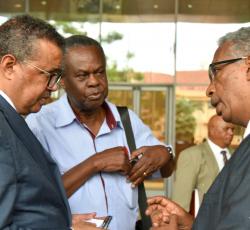 Dr Tedros holds discussion with Prof Omaswa and WHO Representative in Uganda Dr Yonas 