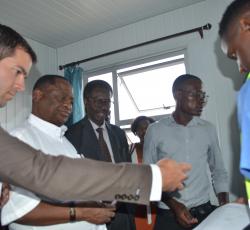 Minister of Health and Social Services, Dr Kalumbi Shangula, CDC Director, Dr. Eric Dziuban and WHO Representative, Dr Charles Sagoe-Moses at the Hosea Kutato International Airport inspecting the readiness of the airport for initial screening and the temporary isolation facilities.