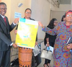 WHO Representative, Dr Charles Sagoe-Moses and UNICEF Representative, Mrs Rachel Odede handing over infection prevention and control materials for health workers to the Deputy Prime Minister and Minister of International Relations, Right Honorable Netumbo Nandi-Ndaitwah 