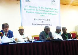 (L-R) Dr Michel Zaffran, Dr Banye, Professor Hogan Etam, Dr Ado Muhammad and ERC chairman, Professor Oyewole Tomori.bmp