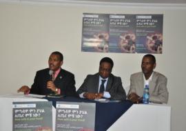 Dr Kebede Worku, Dr Pierre M'pele and Mr Waltaji Terfa moderating the discussion during the World Health Day Commemoration, 7 April 2015.