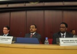 Left to right: Dr Dirk Engels, Director of Control of NTDs at WHO HQ, Dr Kesetebirhan Admasu, Minister of Health of Ethiopia, and Dr Pierre M'pele-Kilebou, WHO Representative to Ethiopia.