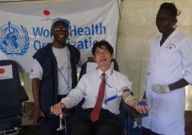 The Japanese Ambassador to South Sudan, H.E. Mr. Masahiko Kiya donating blood