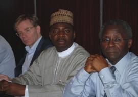 (L-R) Assistant DG for Polio, Emergencies and Country Collaboration, Dr. Bruce Alyward, Executive Director Nat. Pri. Healthcare Dev. Agency, Dr. Mohammed J.G. Ado, and the ERC Chairman, Prof Oyewale Tomori at the just concluded 25th ERC held in Abuja between March 19 - 20, 2013.