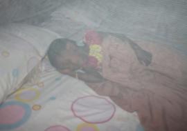 Child sleeping under a mosquito net