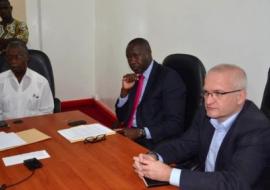 (L-R) Dr. Walter Gwenigale, Minister of Health and Social Welfare, Hon. Amara Konneh, Minister of Finance and Dr. Peter Graaff, WHO Rep./Liberia, chat before signing the Agreement