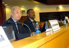 L-R: Dr. Khaled Bessaoud, Acting Country Representative to WHO Ethiopia, Dr Amha Kebede, Acting Director General of the EHNRI, delivering opening remarks, UN ECA, Addis Ababa, 28 August