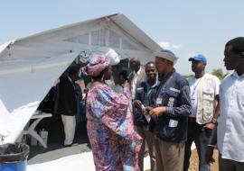 The Minister of Health Dr Riek Gai Kok, Dr Ito Margaret, State Minister of Health and Dr Abdi Aden Mohamed, WHO country Representative inside the cholera treatment centre managed by MSF photo: WHO/P.Ajello