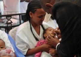 The high-level officials present administrated polio vaccine drops at the launching ceremony of the fourth African Vaccination Week in Gondar, Amhara Region, Ethiopia.