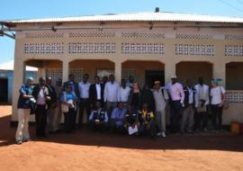 The high-level delegation with Doollo Zonal Administration in front of the WHO/UNICEF Polio Operations Base in Wardher town on 5 January 2015.