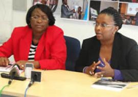 Left to right: The Namibian Red Cross Society, Executive Secretary, Ms Dorcas Kapembe-Haiduwa and WHO Representative to Namibia, Dr Magda Robalo partner in health response through training of 200 Red Cross volunteers to avert disease outbreaks.