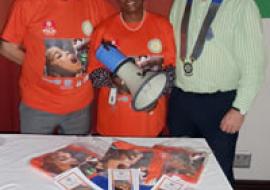 WHO receives a generous donation worth over N$240,000 from Rotary Windhoek to improve immunization against childhood vaccine preventable diseases, especially polio. Photo Left to Right: Rotary Past President (PPE), Stewart Aston, WHO Representative, Dr Magda Robalo and Rotary President, Mr Dirk