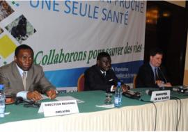 L-R Dr Sambo, RD AFRO, HE prof Léon N’Zouba and HE Eric Benjaminson, USA Ambassador to Gabon