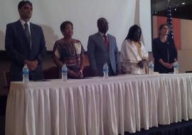 Dignitaries at the ceremony with Prof. JM Dangou in the middle flanked by the US Ambassador (l) and Hon. Minister for Health and Social Welfare (r) Dignitaries at the ceremony with Prof. JM Dangou in the middle flanked by the US Ambassador (l) and Hon. Minister for Health and Social Welfare (r)