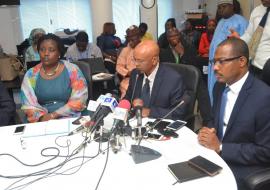 L-R Dr Fiona Braka of WHO, Dr Alemu and Dr Shuib at the Press briefing in Abuja