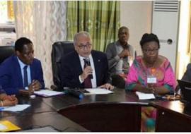 Dr  Valentine KIKI MEDEGAN FAGLA (CNLS-TP), Dr Landry  YANSUNU (DAC/MS), Dr Jean-Pierre  BAPTISTE  (OMS),  Dr  Eléonore  GANDJETO  (DNSP),et  Dr  Ismaël  HOTEYI (CT/PS). En arrière-plan, Dr André LUKUSA KAKONKU (HSE/OMS/Bénin)