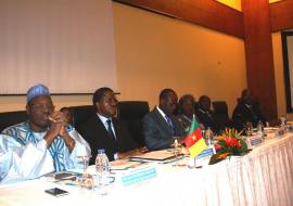 Une vue de la table d’honneur de la cérémonie d’ouverture : le Ministre de la Santé Publique Monsieur André Mama Fouda deuxième à partir de la gauche, à sa droite le Ministre de la Communication, Monsieur Issa Chiroma Bakary,  à sa gauche le Représentant de l’OMS Docteur Jean-Baptiste Roungou, la Présidente du CRCA  Professeur Rose Leke