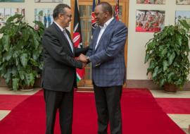 DG Dr Tedros with President Uhuru Kenyatta at State House Nairob where they discussed implementation of Universal Health Coverage and Kenya’s four priority areas of focus