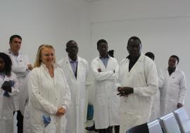 The District Director of Health for Lusaka, Dr. Namani Monze (front right) explaining the operations at the Cholera treatment hospital to  the United Nations Resident Coordinator, Ms Janet Rogan (front left), the WHO Representative, Dr. Nathan Bakyaita (second left) the deputy Head of Office of DFID in Zambia, Mr. Andrew Ockenden (far left),