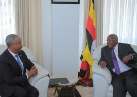 Dr Tegegn (left) and Hon Sam Kutesa discuss during the ceremony 