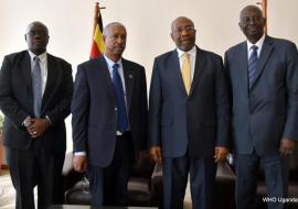 Left to right: New Vaccines Country Advisor Mr. Andrew Bakainaga, WHO Representative Dr. YOnas Tegen, Prime Minister of Uganda- Dr. Ruhakana Rugunda and Outgoing WHO Representative- Dr. Jack Abdoulie at the Office of the Prime Minister 