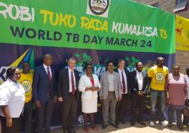 Health Cabinet Secretary Sicily Kariuki (in white) accompanied by WHO Representative Dr Rudi Eggers, 4th right, Mr Robert Godec US Ambassador to Kenya, 4th left, MOH officials and stakeholders during the commemoration of World TB Day in Kenya Let us END Tuberculosis