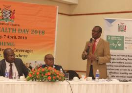 Hon. Minister of Health, Dr. Chitalu Chilufya, Permanent Secretary , Dr. Kennedy Malama and the WHO REpresentative, Dr. Nathan Bakyaita at the World Health Day meeting. 