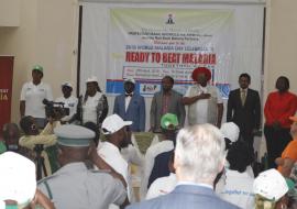 L-R; Dr Lynda Ozor (WHO Malaria Containment Project) Dr Audu Bala Mohammed (National Coordinator National Malaria Elimination Programme), Prof Isaac Adewole (Honourable Minister of Health), Dr Obi (Representative of chairman of the World Malaria Day), Dr Mboko (Dir, SFH) Mr T.S Ayari (Representative of Reckitt-Benckiser) Dr Fiona Braka (Cluster Chief WHO Expanded Programme on Immunization) at the World Malaria Day press briefing in Abuja