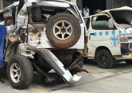 Some of the vehicles towed to the Parliament to show the gravity of road accidents Some of the vehicles towed to the Parliament to show the gravity of road accidents