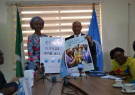 WR Dr. Wondimagegnehu Alemu and HE Mrs Toyin Sakari showing support for the CLEAN YOUR HANDS CAMPAIGN