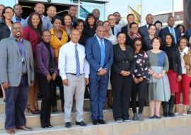 Pharmacovigilance workshop particpants with Dr Ovberedjo (WHO Representative - front row in blue suit) and Dr Seipone (Deputy PS in Min of Health & Wellness - left of WHO Rep, in stripped jacket)