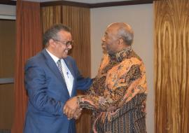 Uganda's Prime Minister Rt. Dr Ruhakana Rugunda (right) receives WHO Director General Dr Tedros at the Kampala Serena Hotel Uganda's Prime Minister Rt. Dr Ruhakana Rugunda (right) receives WHO Director General Dr Tedros at the Kampala Serena Hotel