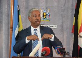 WHO Representative in Uganda, Dr Woldemariam addresses the press at the Uganda Media Center