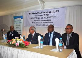 Dr B. Ori, Director Health Services, Dr Hon. A. Husnoo, Minister of Health and Quality of Life, Dr L. Musango, WHO Representative in Mauritius and the Lord Major of the Municipal Council of Port Louis, Mr Daniel Eric Clive Laurent attending the official launching of activities in the context of the World Cancer Day 2019