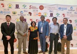 Mauritius Delegates at the afHEA Conference in Ghana, March 2019: Dr A. Samura, WHO Technical Officer, Dr L. Musango, WHO Representative, Dr (Mrs) Timol, Director Health Services, Ministry of Health and Quality of Life, Mr A. Nundoochan, WHO-NPO (Operations), Mr Y. Ramful, Lead Health Analyst, Ministry of Health and Quality of Life and Dr F. Shaikh, WHO Technical Officer 