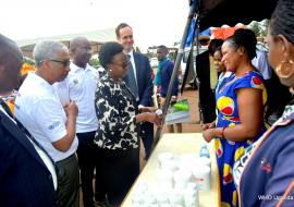   The Minister of Health Dr Jane Ruth Aceng, WHO Representative Dr Yonas, Belgian Ambassador in Uganda H.E Hugo Verbist and other guests inspecting one of the stalls at the WHD commemoration 