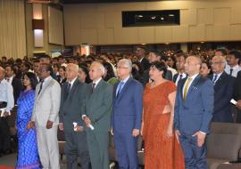 Mrs M. Mudaliar, Ag SCE, Ministry of Health, Hon D. Seesungkur, Minister of Financial Services and Good Governance,  Hon P.Koonjoo, Minister of Ocean Economy, Marine Resources, Fisheries and Shipping,  Dr Hon A. Husnoo Minister of Health and Quality of Life, Dr Hon P.K. Jugnauth, Prime Minister, Hon. Mrs. L. Dookun-Luchoomun, Minister of Education and Human Resources, Tertiary Education and Scientific Research and Hon. M.S. Hurreeram Private Permanent Secretary attending World Health Day 2019 celebration