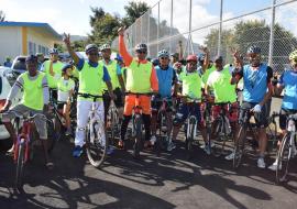  Dr Laurent Musango, WHO Representative in Mauritius, Hon. Mr Stephan Toussaint, Minister of Youth and Sports and Lord Mayor of Port Louis, Mr Daniel Laurent ready to start the cycling trip in view of promoting health and road safety as well as  protect environment