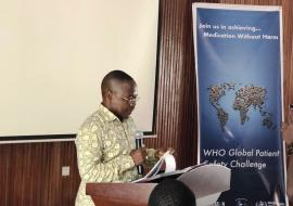 Dr. Moses Jeuronlon, WHO-Liberia Disease Prevention and Control Cluster Coordinator making remarks during the launch Medication without Harm  Challenge in Monrovia