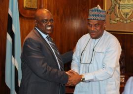 His Excellency Dr Mokgwetsi E.K. Masisi, President of the Republic of Botswana (left) meeting with Dr Martins Ovberedjo, the outgoing WHO Representative to Botswana (right) His Excellency Dr Mokgwetsi E.K. Masisi, President of the Republic of Botswana (left) meeting with Dr Martins Ovberedjo, the outgoing WHO Representative to Botswana (right)