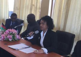 Dr Nonhlanhla Dlamini, WHO Reresentative Malawi speaking to the audience during the Ebola Virus Disease outbreak status in African Region press conference at MOH Headquarters, Lilongwe