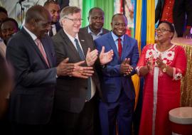 Cabinet Secretary Hon Sicily Kariuki, right, WR Dr Rudi Eggers join other dignitaries to celebrate malaria vaccine roll-ou Cabinet Secretary Hon Sicily Kariuki, right, WR Dr Rudi Eggers join other dignitaries to celebrate malaria vaccine roll-ou