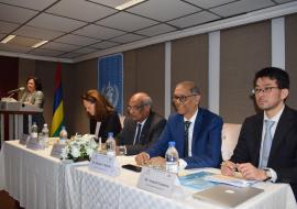 Opening of the Policy Workshop: Dr (Mrs) J. Sonoo, Consultant Pathology addressing the audience. Seated from left to right: Dr J. Carter, WHO Consultant, Dr B. Ori, Director Health Services, Dr S. Manraj, Director, Laboratory Services and Dr A. Samura, Technical Officer from WHO Mauritius